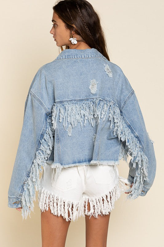 Denim distressed fringe jacket