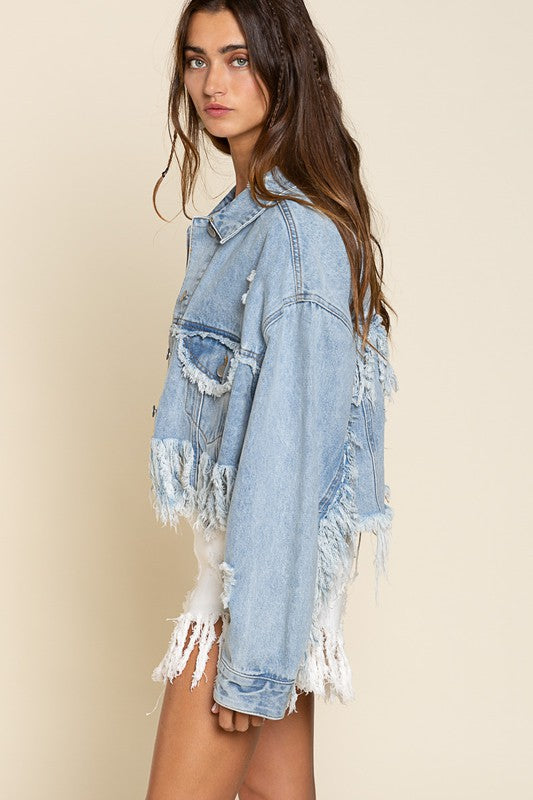 Denim distressed fringe jacket