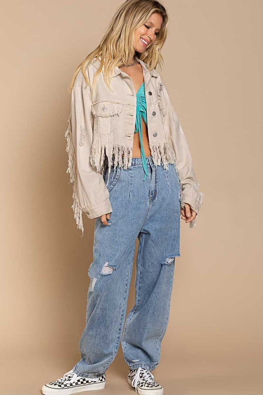 Denim distressed fringe jacket